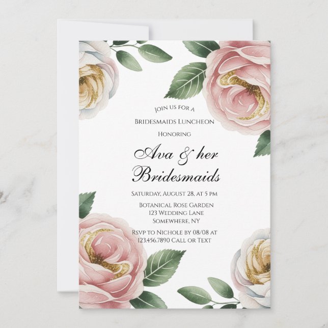 Convites Blush and Ivory Rose Floral Bridesmaids Luncheon (Frente)