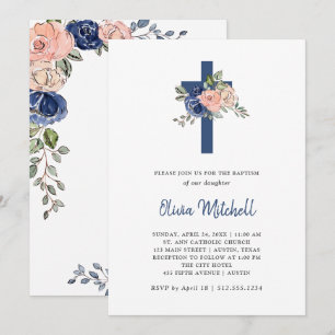 Convites Blush and Marinho Watercolor Floral and Cross Bapt