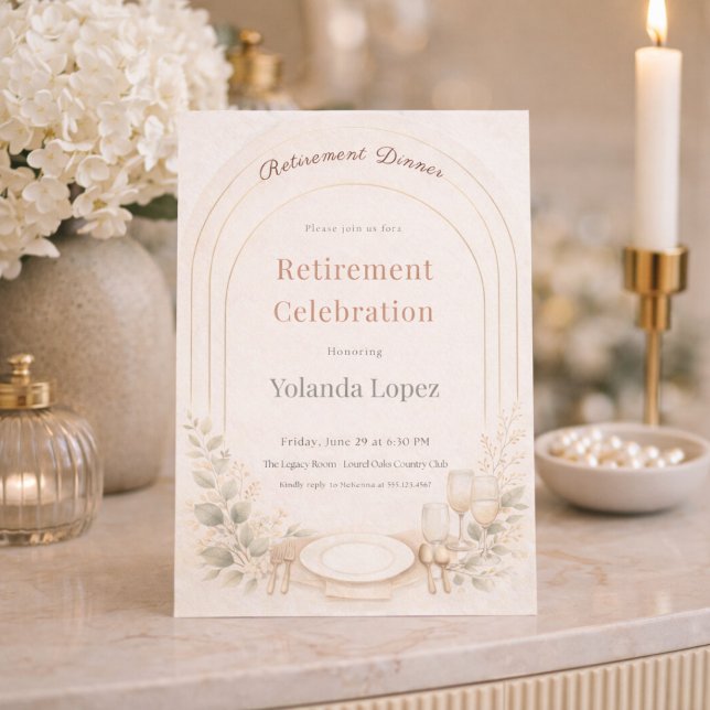 Convites Blush Arch Retirement Invitation (Blush arch with soft botanicals for a refined retirement dinner gathering)