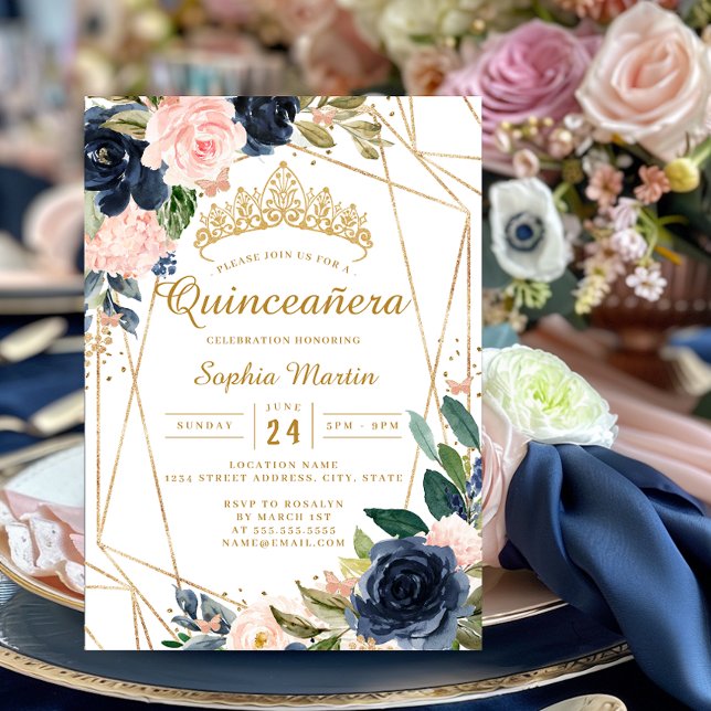 Convites Blush Azul Floral Borboleta Geométrico Quinceanera (Criador carregado)