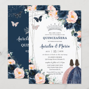 Convites Blush Azul Marinho Floral Prata Gêmeas Quinceañera