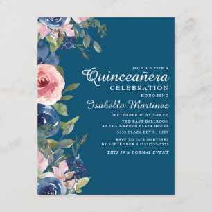 Convites Blush Azul Naval Floral Folhas Verdes Quinceañera