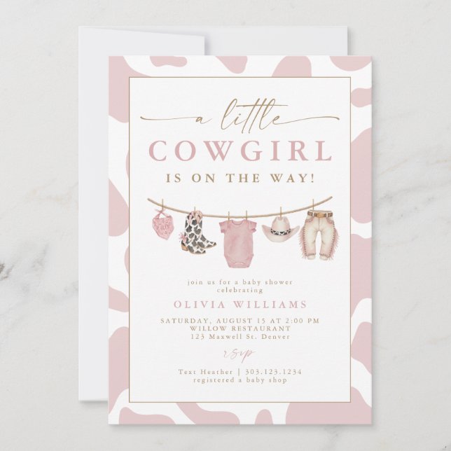 Convites Blush Baby Clothesline Little Cowgirl Baby Shower (Frente)