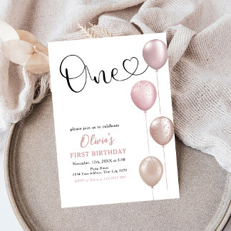 Convites Blush Balloons Girl Primeiro Aniversário