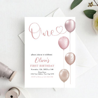 Convites Blush Balloons Girl Primeiro Aniversário