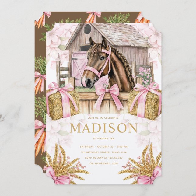 Convites Blush Barn Horse Birthday Invitation for Girls (Frente/Verso)