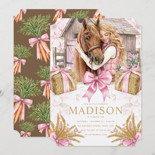 Convites Blush Barn Horse Birthday Invitation with Girl (Frente/Verso)