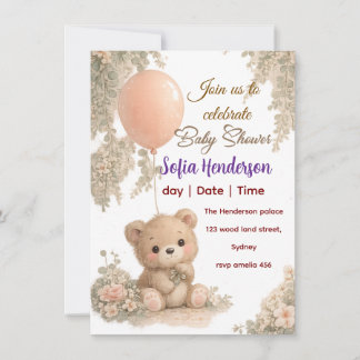 Convites Blush  Bear Soft Water colour floral baby shower