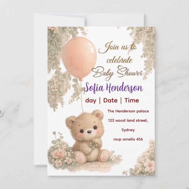 Convites Blush  Bear Soft Water colour floral baby shower (Frente)