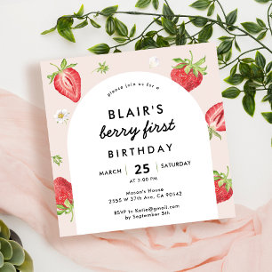 Convites Blush Berry First Birthday Strawberry Square