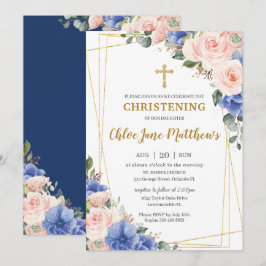 Convites Blush Blue Floral Dourado Baptismo Azul Cor-de-ros
