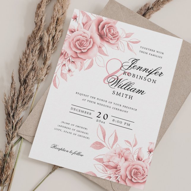 Convites Blush Blush de Casamento de Script Elegante com RS (Elegant Script Wedding Blush Floral w/ QR RSVP Invitation)