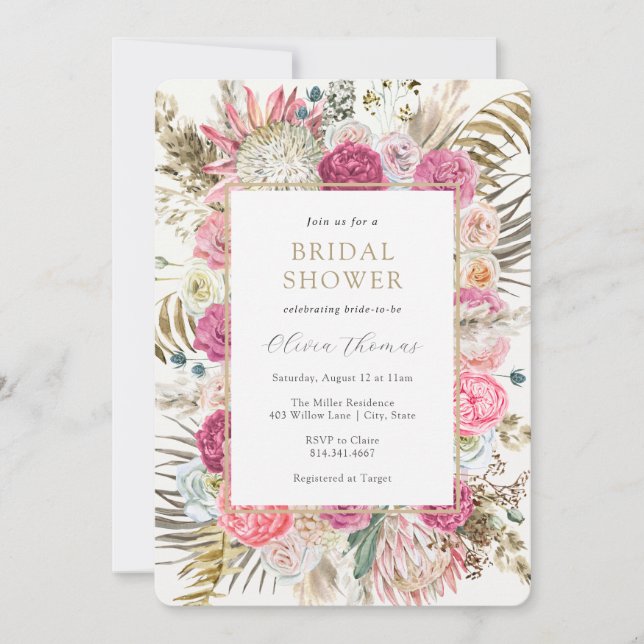 Convites Blush Bohemian Floral Bridal Shower (Frente)