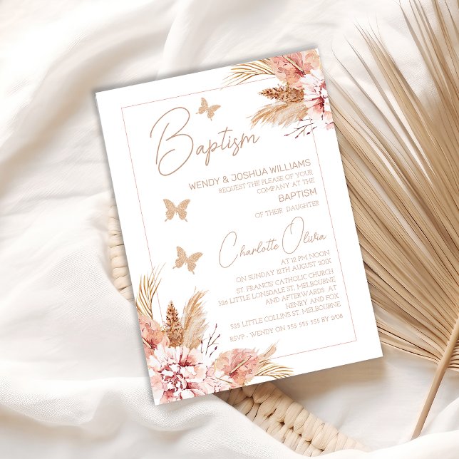 Convites Blush Boho Floral Butterflies Baptism (Boho Floral Butterflies Baptism Invitation For Baby Girl, Bohemian Floral Butterfly Baptism Invite)