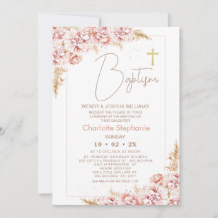 Convites Blush Boho Floral Dourado Cruz Baptism