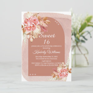 Convites Blush Boho Pampas Grass Sweet 16 Aniversário