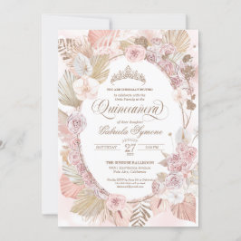 Convites Blush Boho Rosa & Rosas Florais Secas Quinceanera