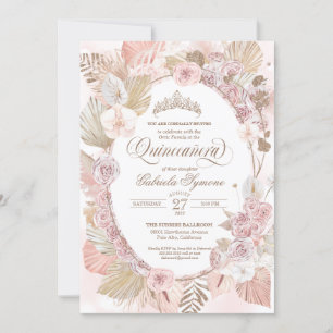 Convites Blush Boho Rosa & Rosas Florais Secas Quinceanera