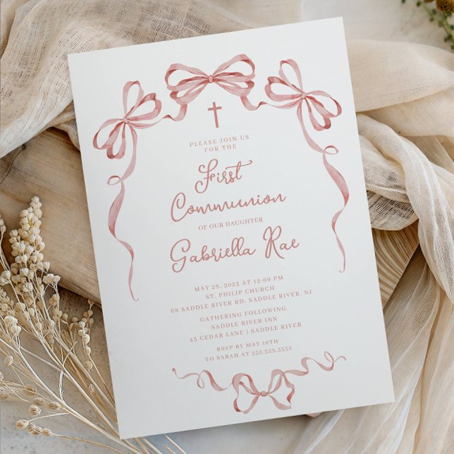 Convites Blush Bow First Communion Invitation (Criador carregado)