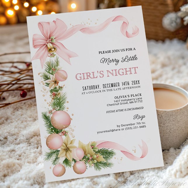 Convites Blush Bow Ornament Christmas Party Invitation   (Criador carregado)