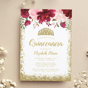 Convites Blush Burgundy Floral Dourada Tiara Quinceanera