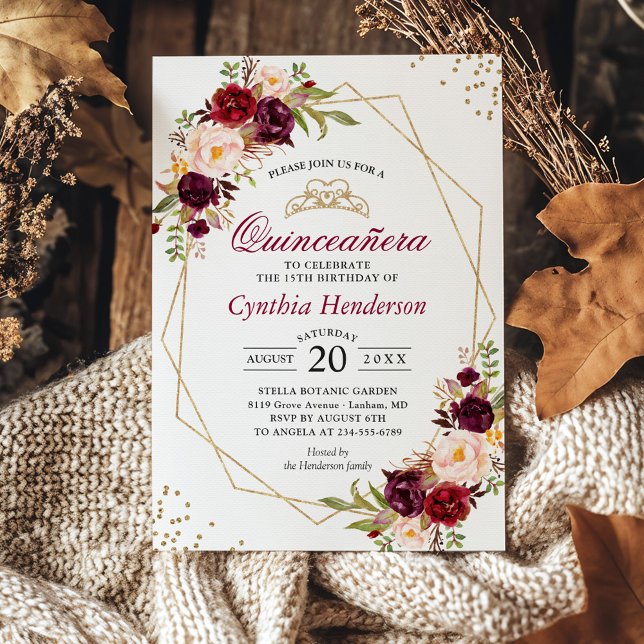 Convites Blush Burgundy Floral Quinceañera 15 Birthday (Criador carregado)