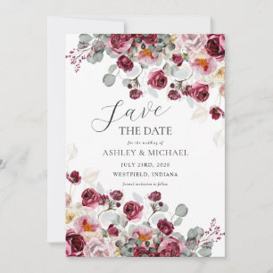 Convites Blush & Burgundy Florals Casamento Salve A Data