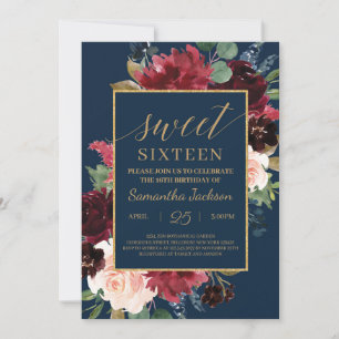 Convites Blush burgundy navy floral boho sweet sixteen
