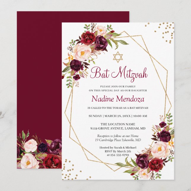 Convites Blush Burgundy Red Floral Bat Mitzvah (Frente/Verso)