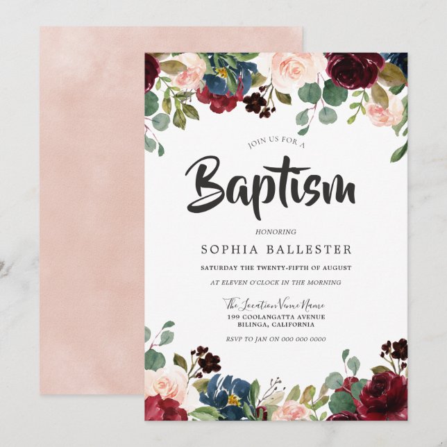 Convites Blush & Burgundy Watercolor Baptism Floral (Frente/Verso)