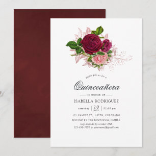 Convites Blush Chic Vintage e Burgundy Floral Quinceañera