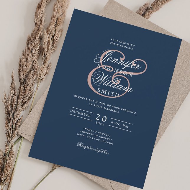 Convites Blush Clássico Romântico Elegante + Marinho Azul (Elegant Romantic Wedding Classic Blush + Navy Blue Invitation)