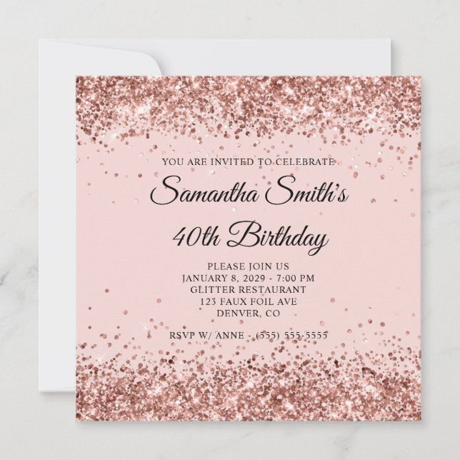 Convites Blush com Glitter em Rose Gold para 40º Aniversári (Frente)