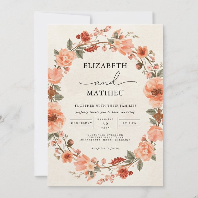 Convites Blush Coral Floral Wreath Wedes (Frente)