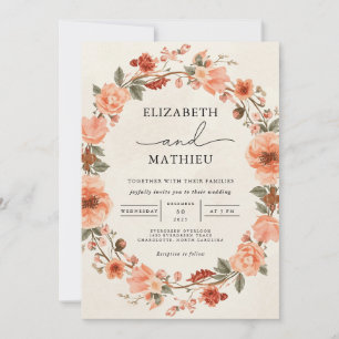Convites Blush Coral Floral Wreath Wedes