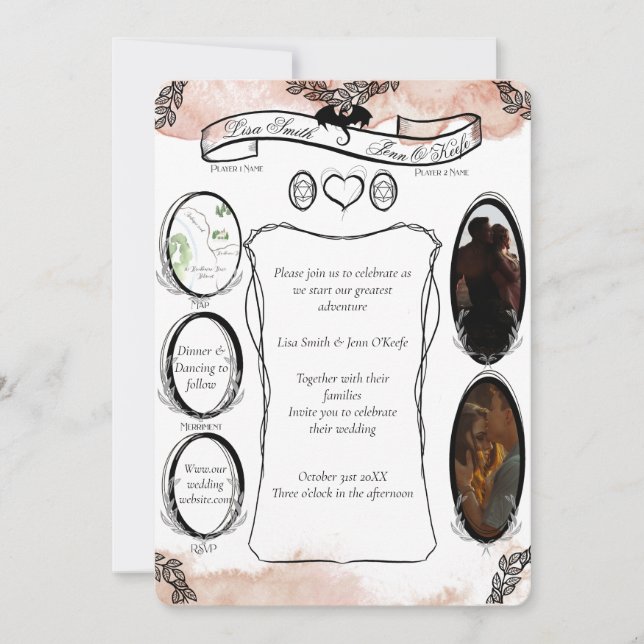 Convites Blush D20 Tabletop RPG Fantasy Dice Wedding (Frente)