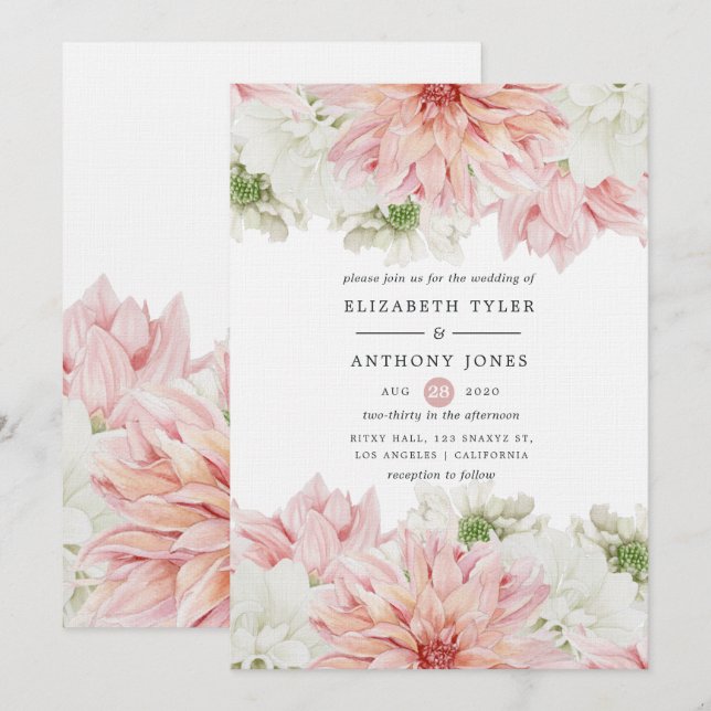Convites Blush Dahlias Floral Wedding (Frente/Verso)