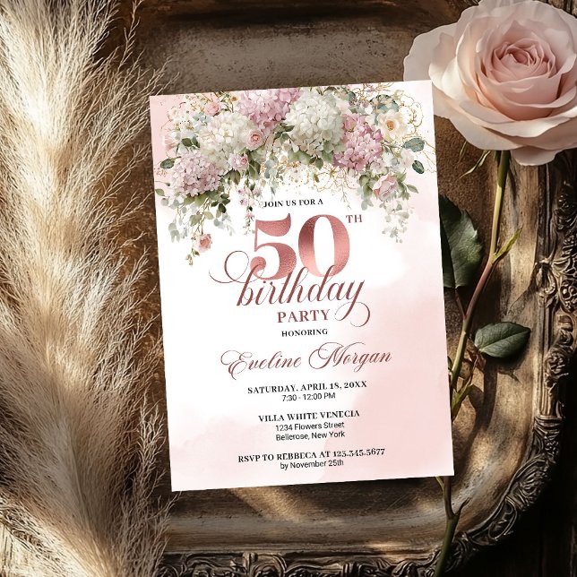 Convites Blush de Flores de Ouro Rosa Moderno Aniversário d (Modern Rose Gold Blush Flowers 50th Birthday Invite)