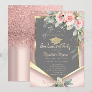 Convites Blush de Glitter Rosa Dourado Graduação Rosas