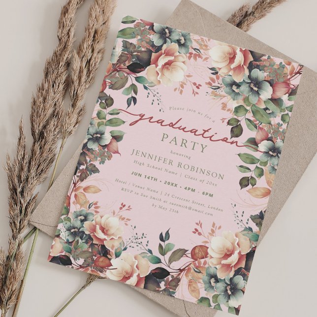 Convites Blush de Graduação Floral do Jardim Botânico Boho (Boho Botanical Garden Floral Graduation Blush Invitation)