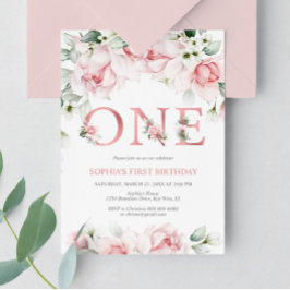 Convites Blush de primeiro aniversario de bebê e Floral Dou