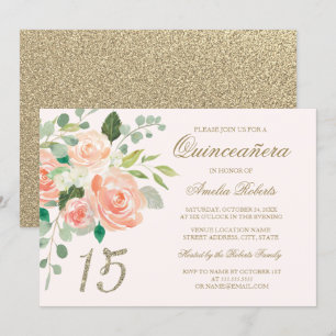 Convites Blush de Purpurina Dourada Quinceanera Floral Pêss