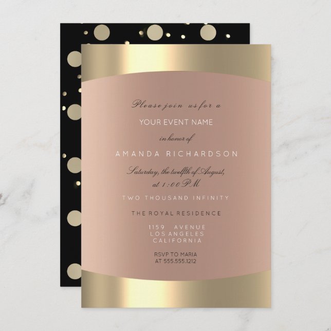 Convites Blush de Rosa Sepia com Bolinhas Pretas Douradas M (Frente/Verso)