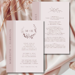 Convites Blush de Rose Gold Monograma Casamento Tudo em Um