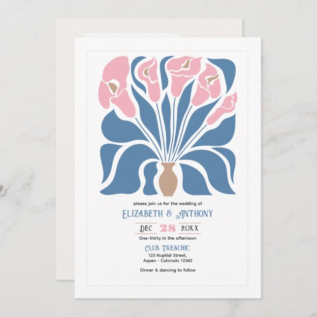 Convites Blush & Denim Clay Abstract Floral Boho Wedding (Frente/Verso)