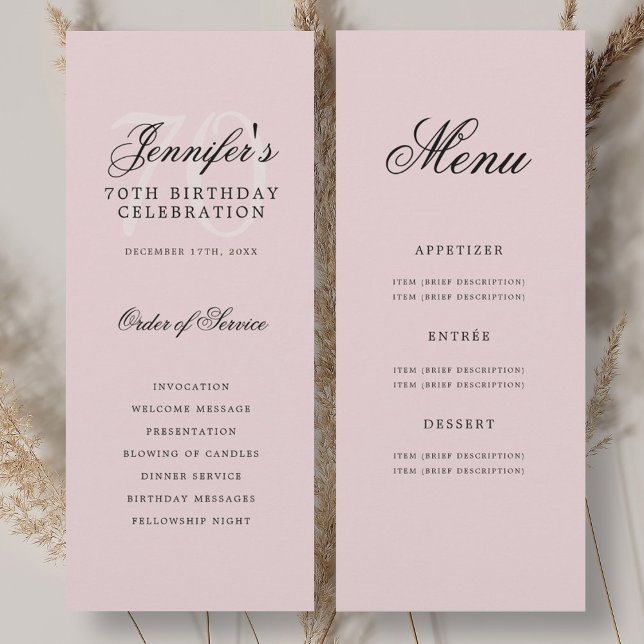 Convites Blush do menu do programa de Festa de aniversário  (Elegant 70th Birthday Party Program Menu Blush )