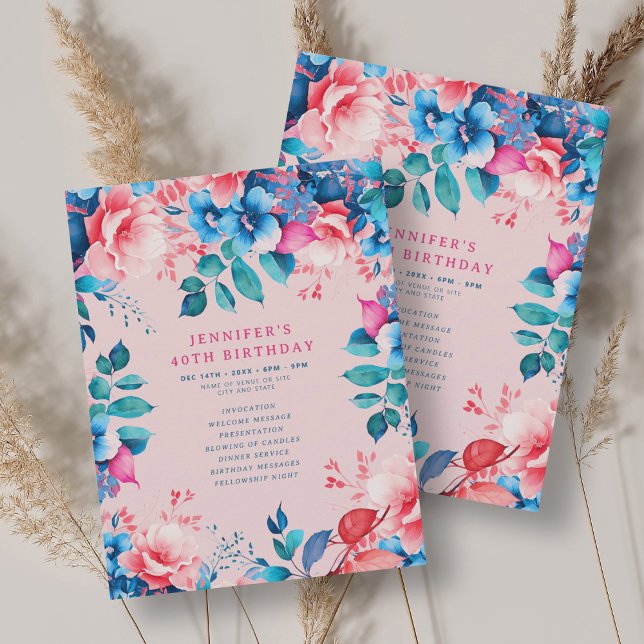 Convites Blush do Programa de aniversário de 40 anos Floral (Chic Watercolor Floral 40th Birthday Program Blush)