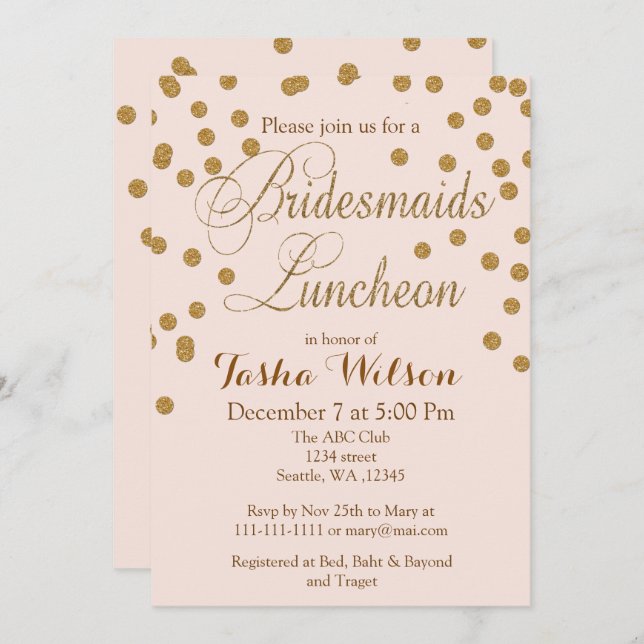 Convites Blush Dourado de Bridesmaids Luncheids (Frente/Verso)