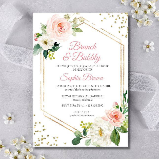 Convites Blush Dourado Floral Brunch E Chá de panela De Bor (Pink Floral Brunch and Bubbly Invitation)