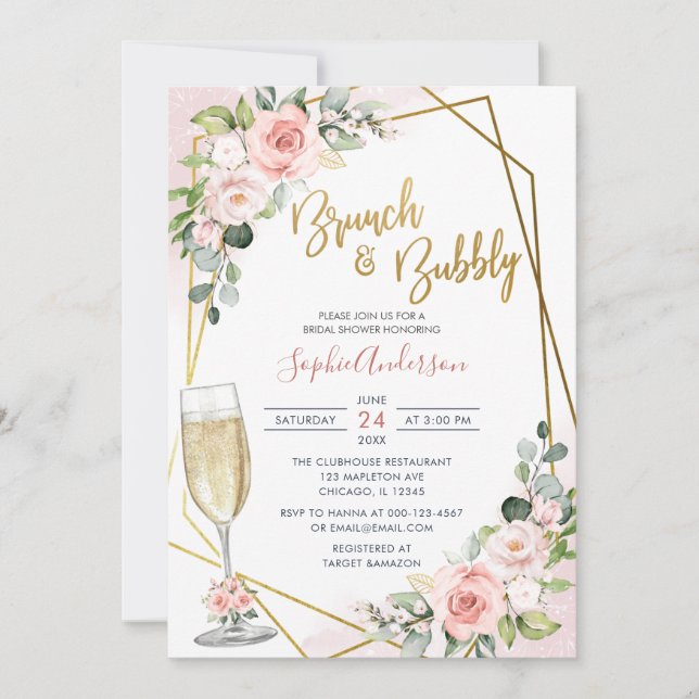 Convites Blush Dourado Floral Brunch E Chá de panela De Bor (Frente)